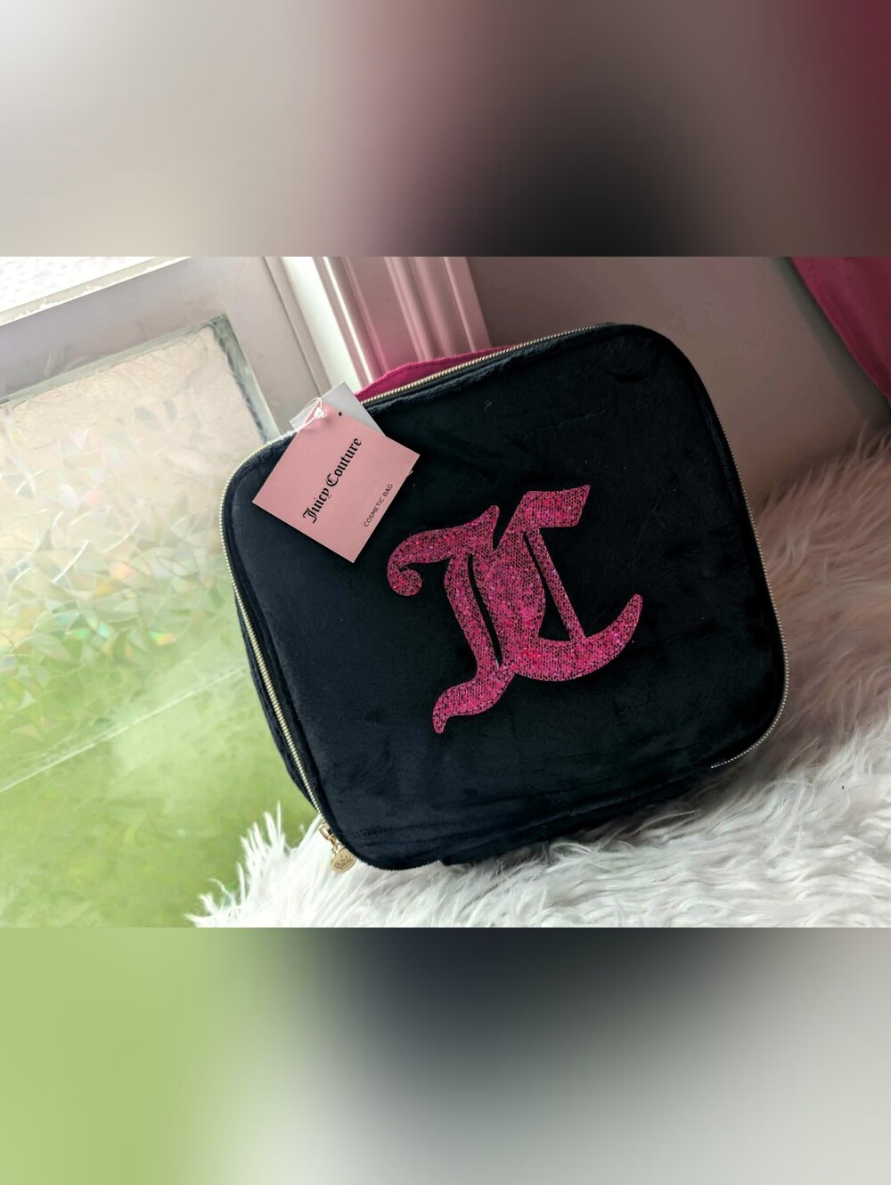 Nwt Juicy Couture Black Velvet Travel Pouch with Pink Glitter Logo
